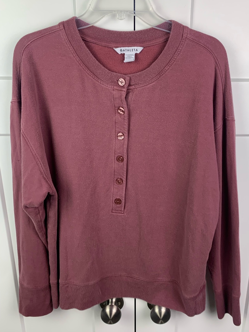 Athleta LARGE Balance Henley Sweatshirt Rose Pink Button Front Pull Over Lounge